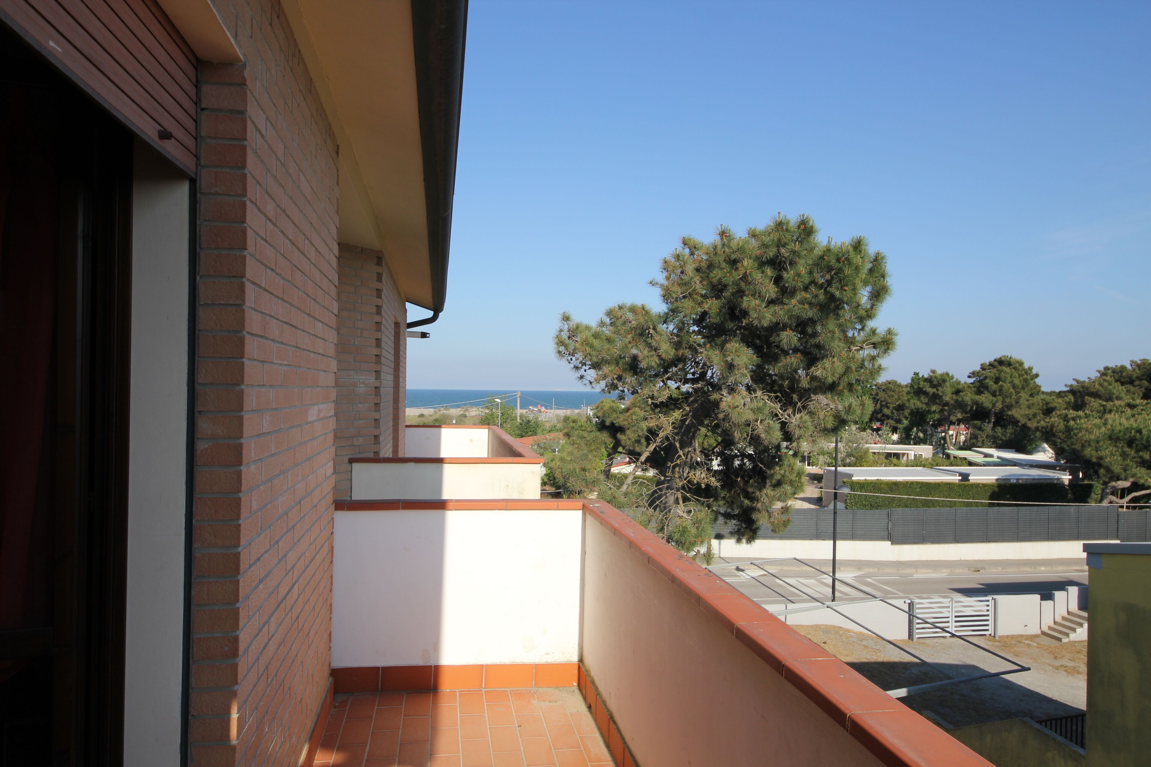 A balcony with a view of a tree and a distant landscape.