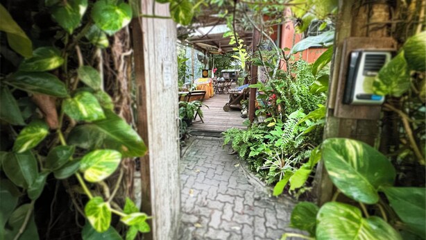 A narrow pathway leading to a wooden deck with outdoor furniture, surrounded by lush greenery and a stone wall. - Quintal do Contêiner (Serra)