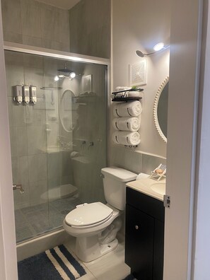 Regadera, secadora de cabello, bidet, toallas 