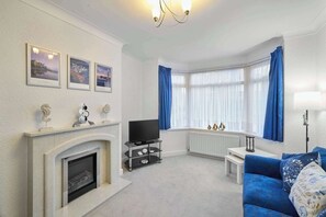 テレビ、暖炉、DVD プレーヤー、書庫