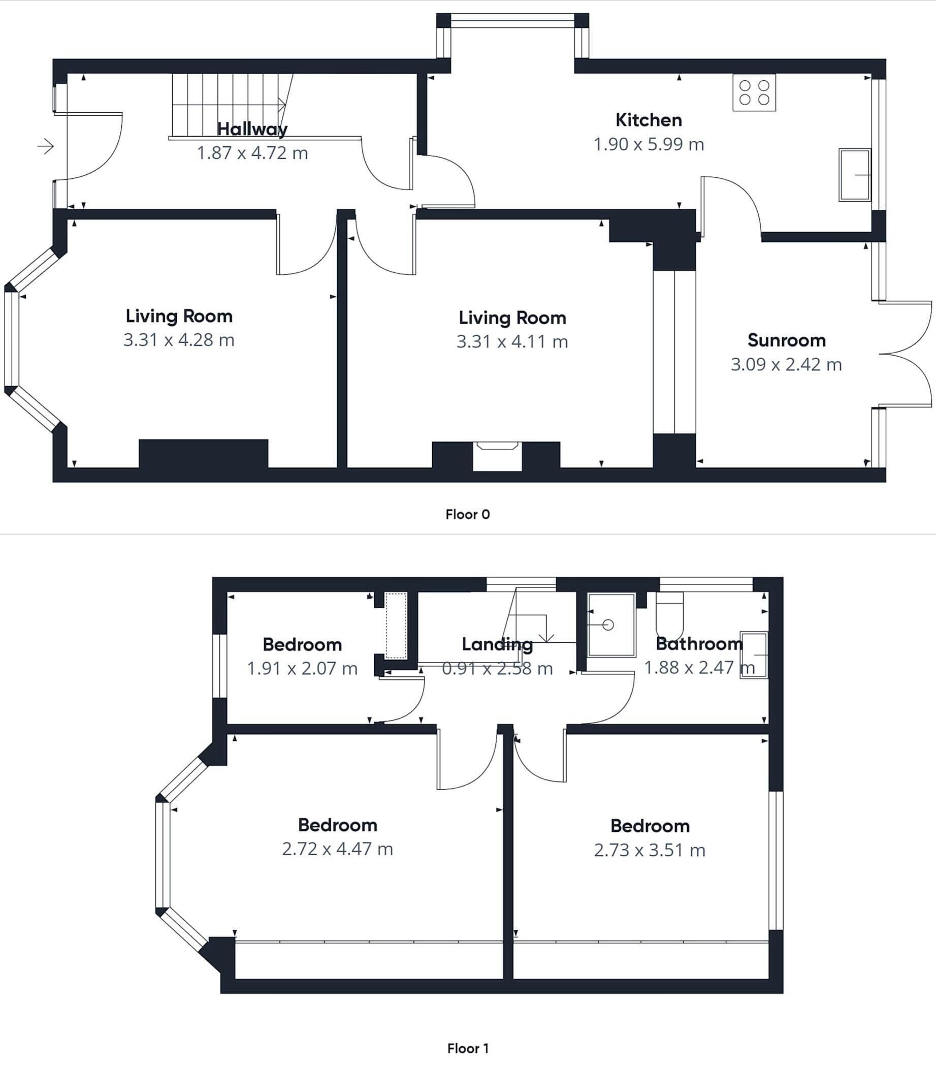 A floor plan of a house with two floors. Floor 0 includes a living room, two bedrooms, a kitchen, a hallway, and a sunroom. Floor 1 has three bedrooms, a landing, and a bathroom.