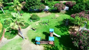 Un jardín bien cuidado con un columpio, una pequeña zona de juegos y una fuente de agua.