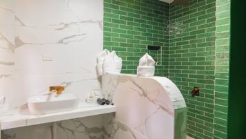 Shower, hair dryer, bidet, towels