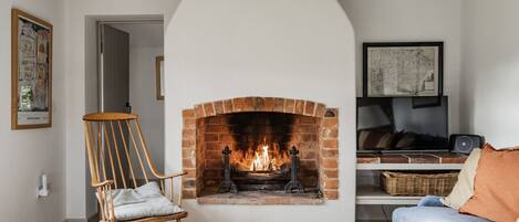 TV connectée, cheminée, livres, chaßne hi-fi