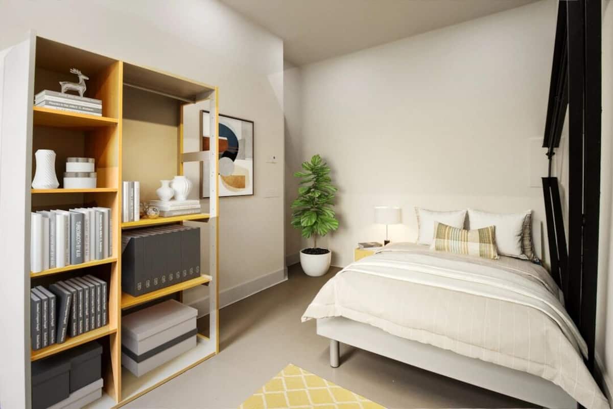 Une chambre à coucher avec un lit, une bibliothèque, une plante en pot et une table de chevet.