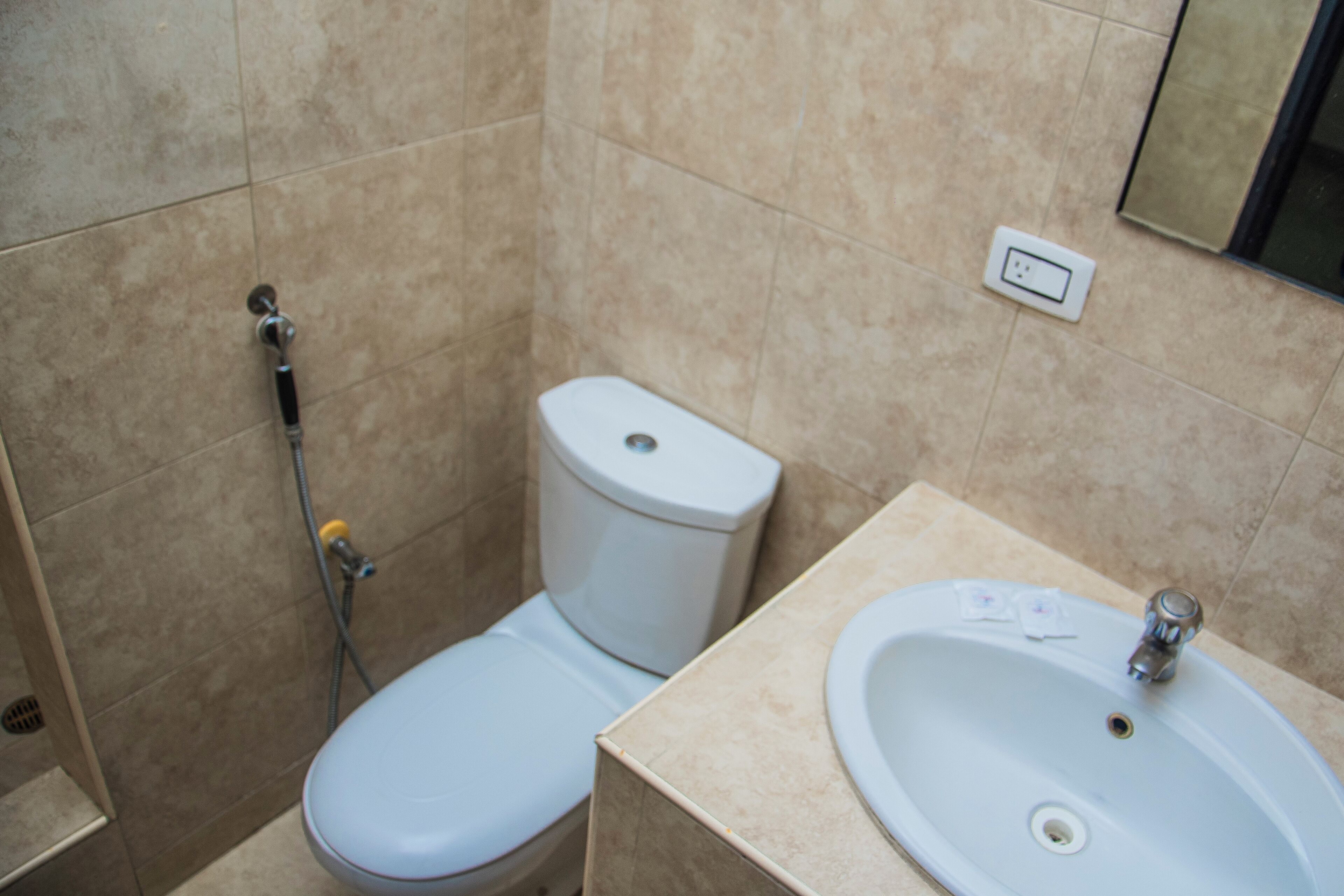 A bathroom with a toilet, sink, and shower.