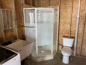 Shower, towels, soap, toilet paper