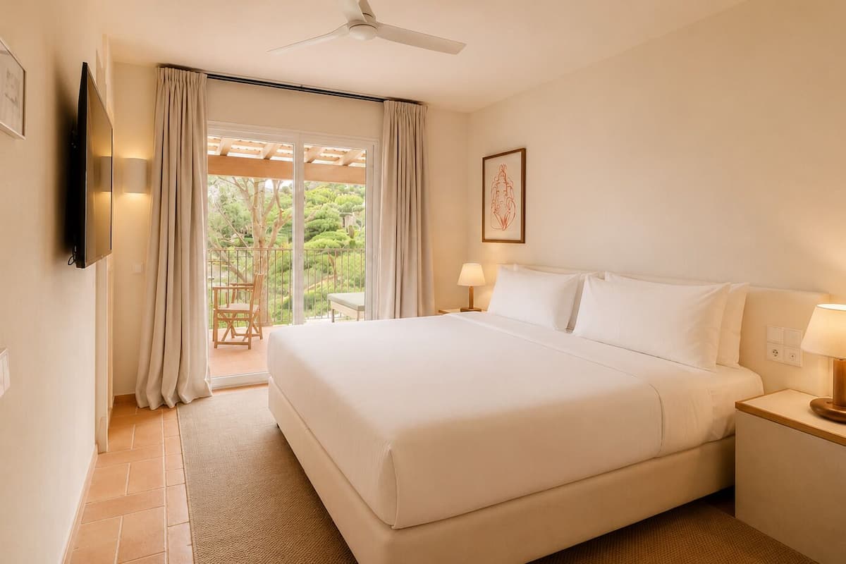 A hotel room with a bed, bedside lamps, a TV, and a view of the outdoors.