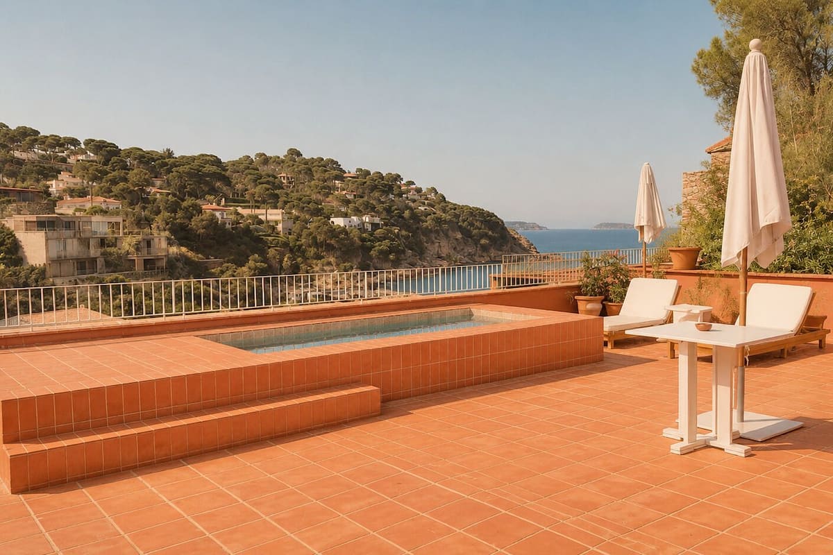 A rooftop terrace with a swimming pool, lounge chairs, and umbrellas.