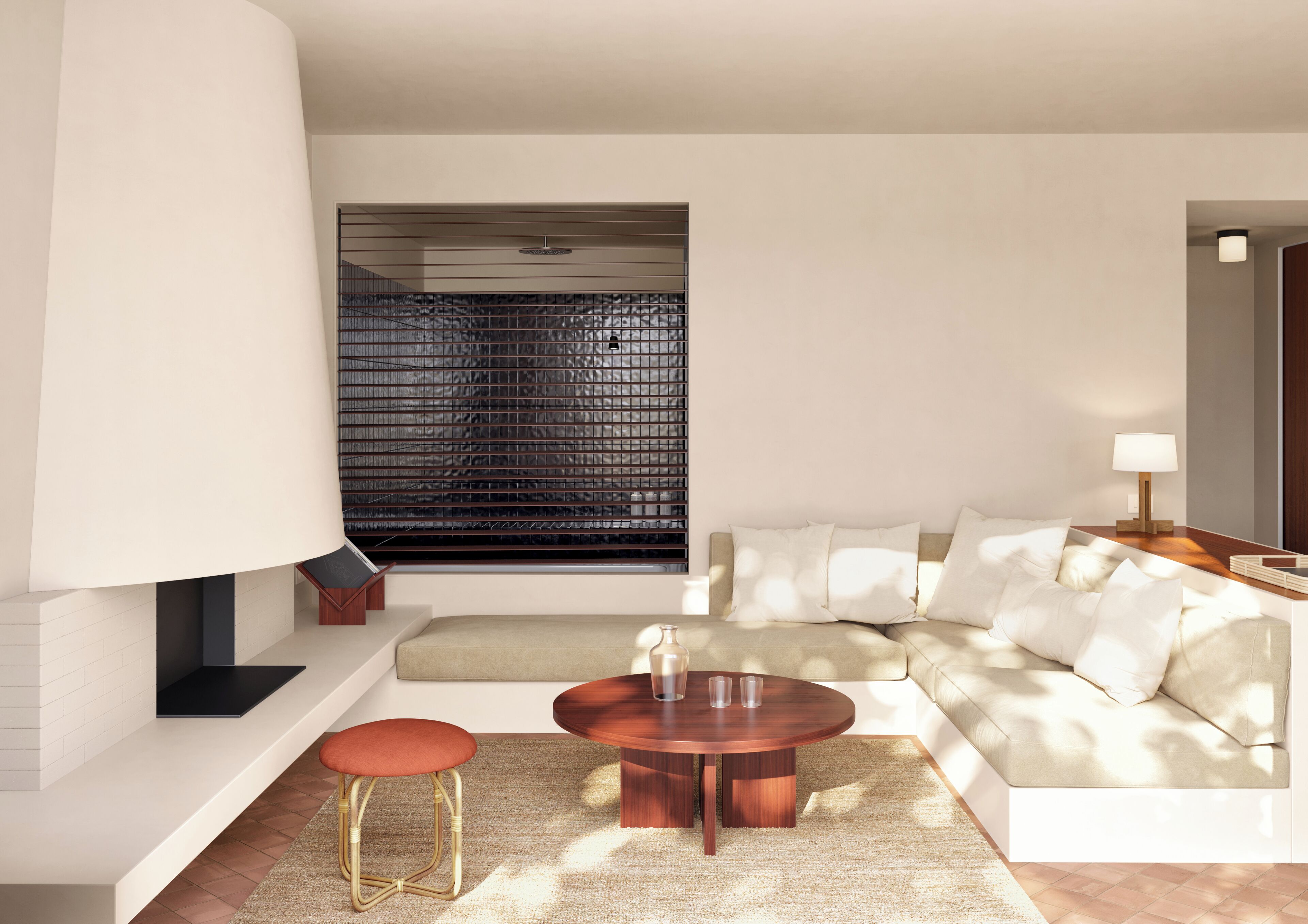 A modern living room with a sofa, a round coffee table, a red stool, a large floor lamp, and a window with blinds.