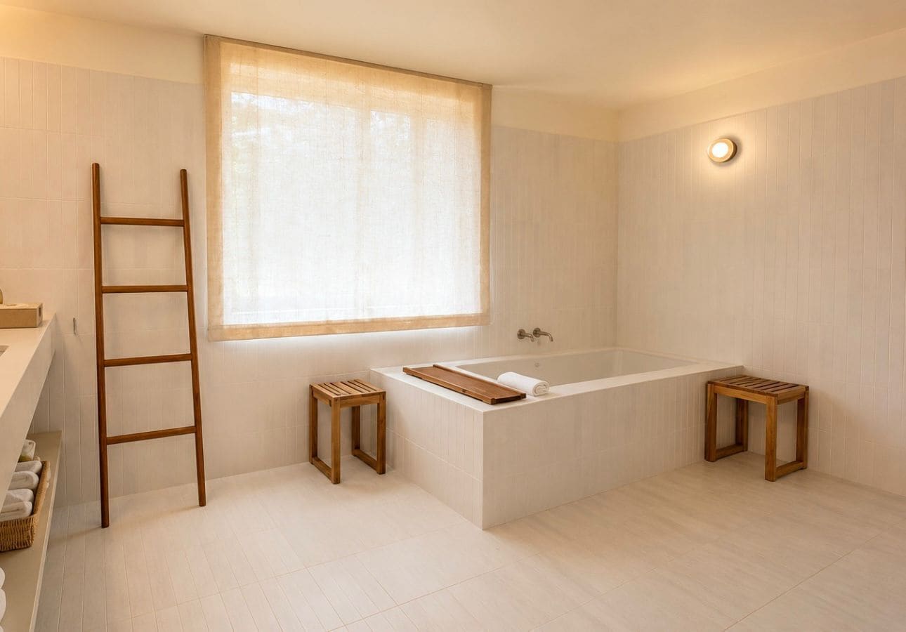 A modern bathroom with a freestanding bathtub, a wooden ladder, and two small wooden stools.