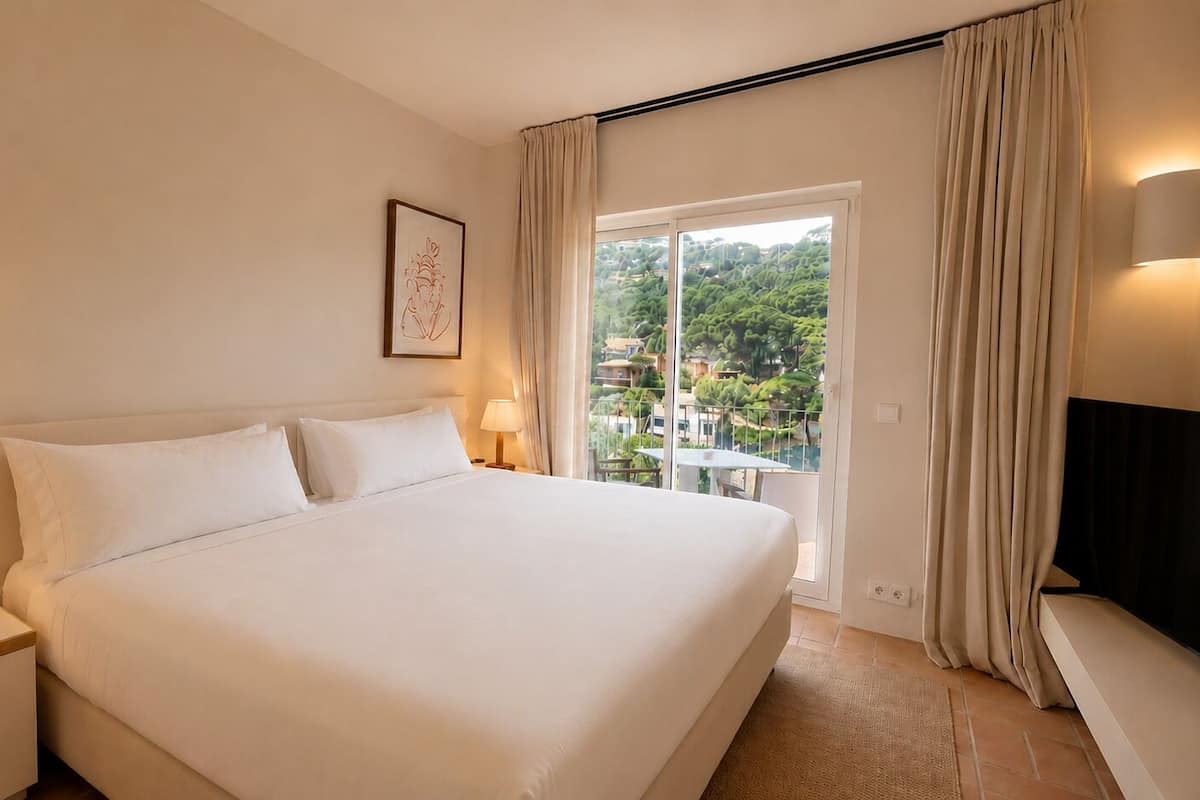 A hotel room with a large bed, a bedside table with a lamp, a TV, and a balcony with a view of greenery.
