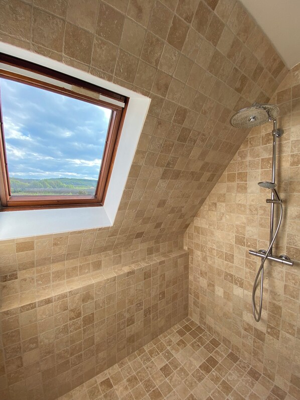 A bathroom with a skylight, a shower, and tiled walls.