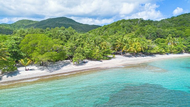 A beach with clear turquoise water, white sand, and lush green vegetation. - ✨ Suite de Charme avec Vue Mer - Havre de Paix en Martinique 🌴🌊 (Trois-Ilets)
