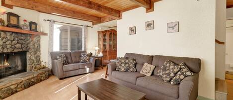 Cabaña, 2 camas de matrimonio, patio, vistas a la montaña (2509) | Zona de estar | Una chimenea