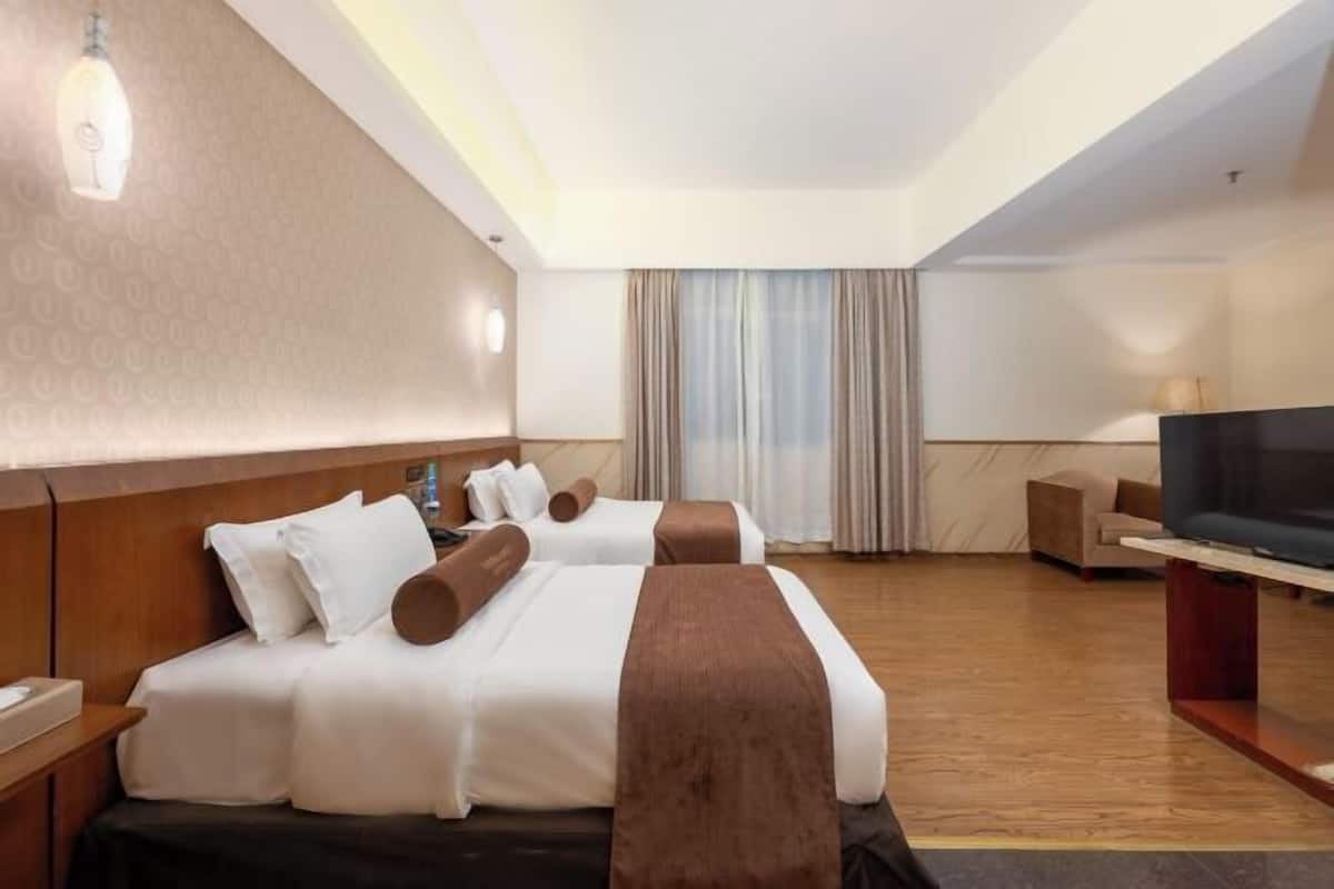 Una habitación de hotel con dos camas, televisor, escritorio y ventana con cortinas.