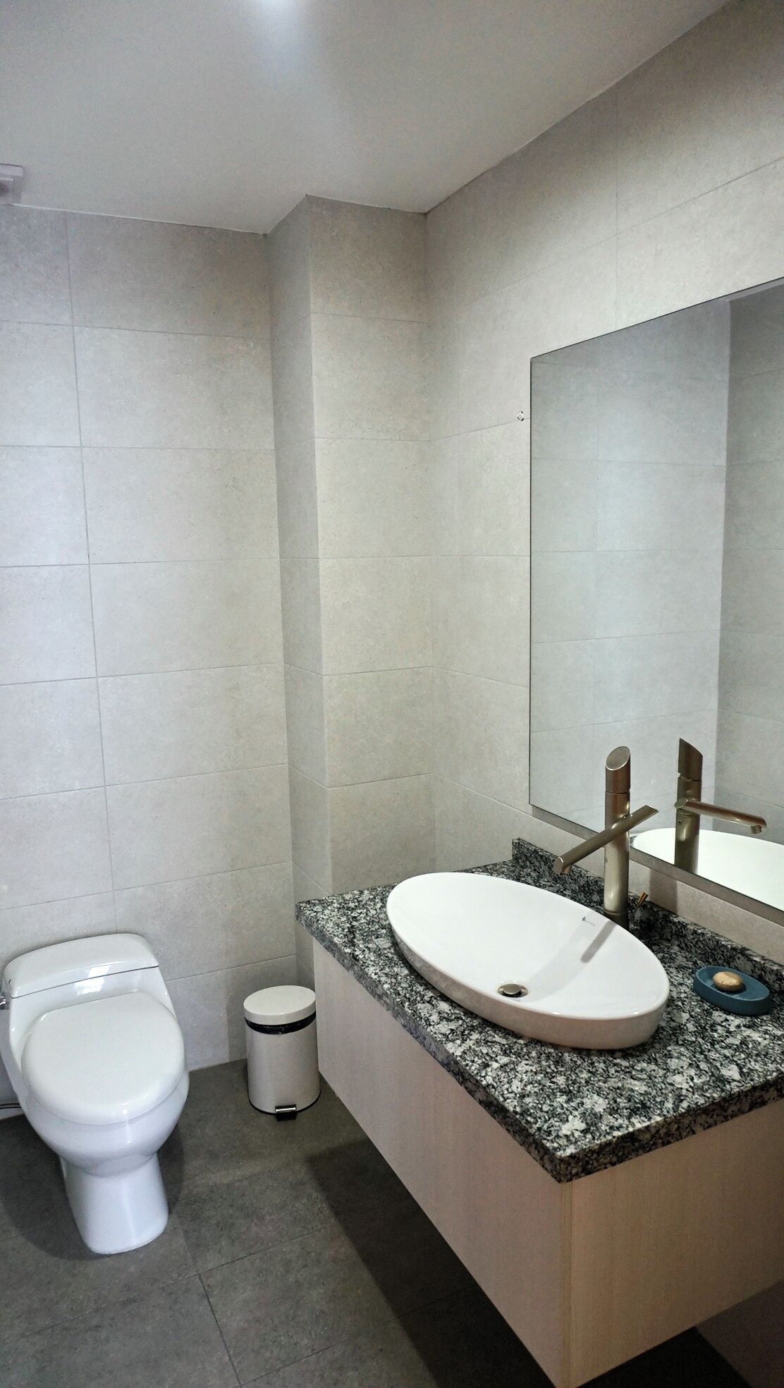 A bathroom with a white toilet, a sink with a granite countertop, and a mirror above the sink.
