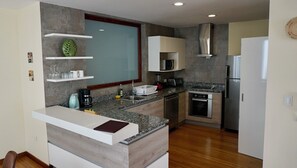 Fridge, microwave, oven, stovetop