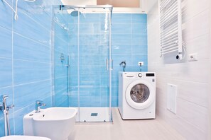 Shower, hair dryer, bidet, towels