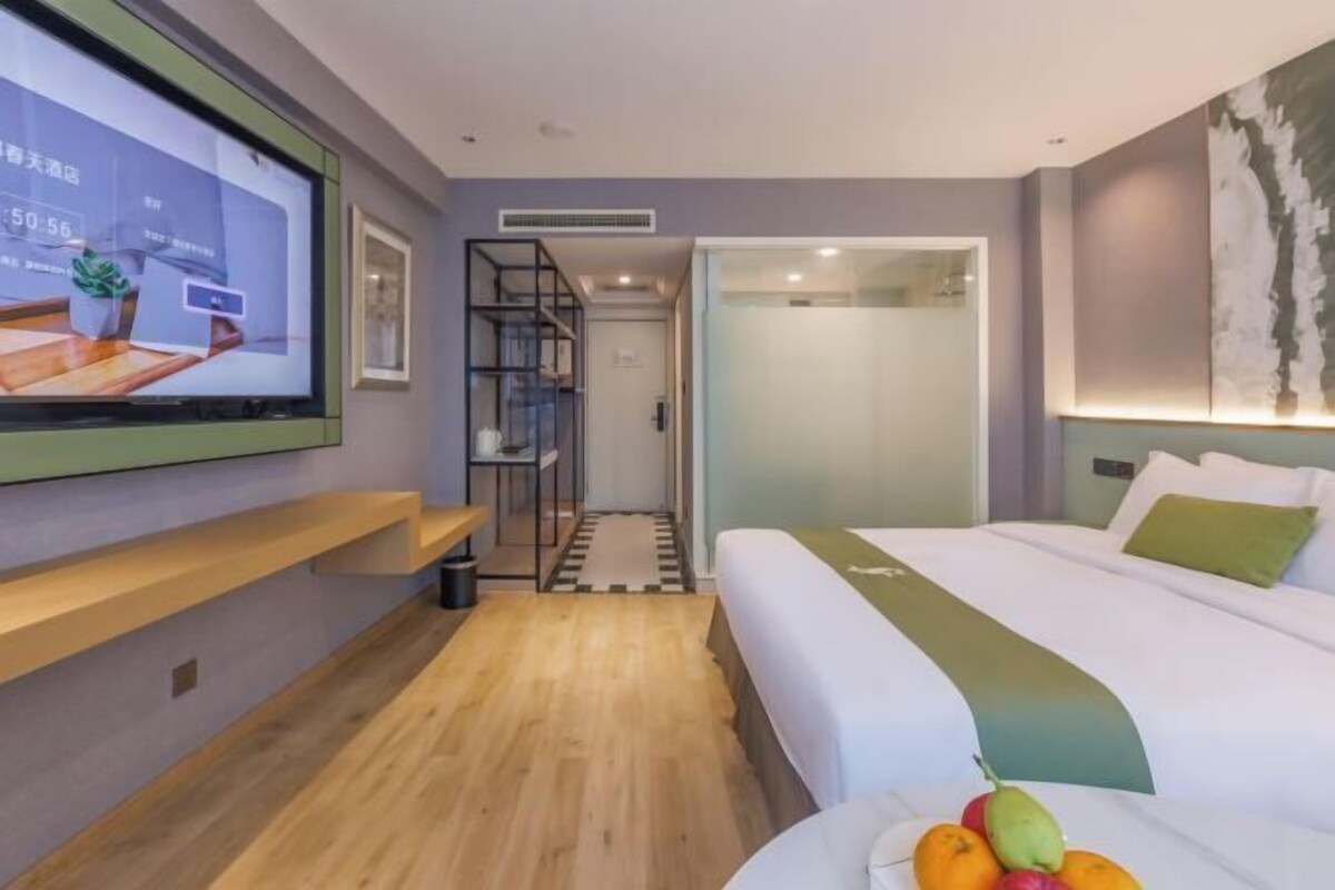 A modern hotel room with a large bed, a flat-screen TV mounted on the wall, a wooden floor, and a small seating area with a plant.