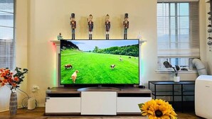 A living room with a flat-screen TV on a wooden stand, a white sofa, and a vase with flowers.