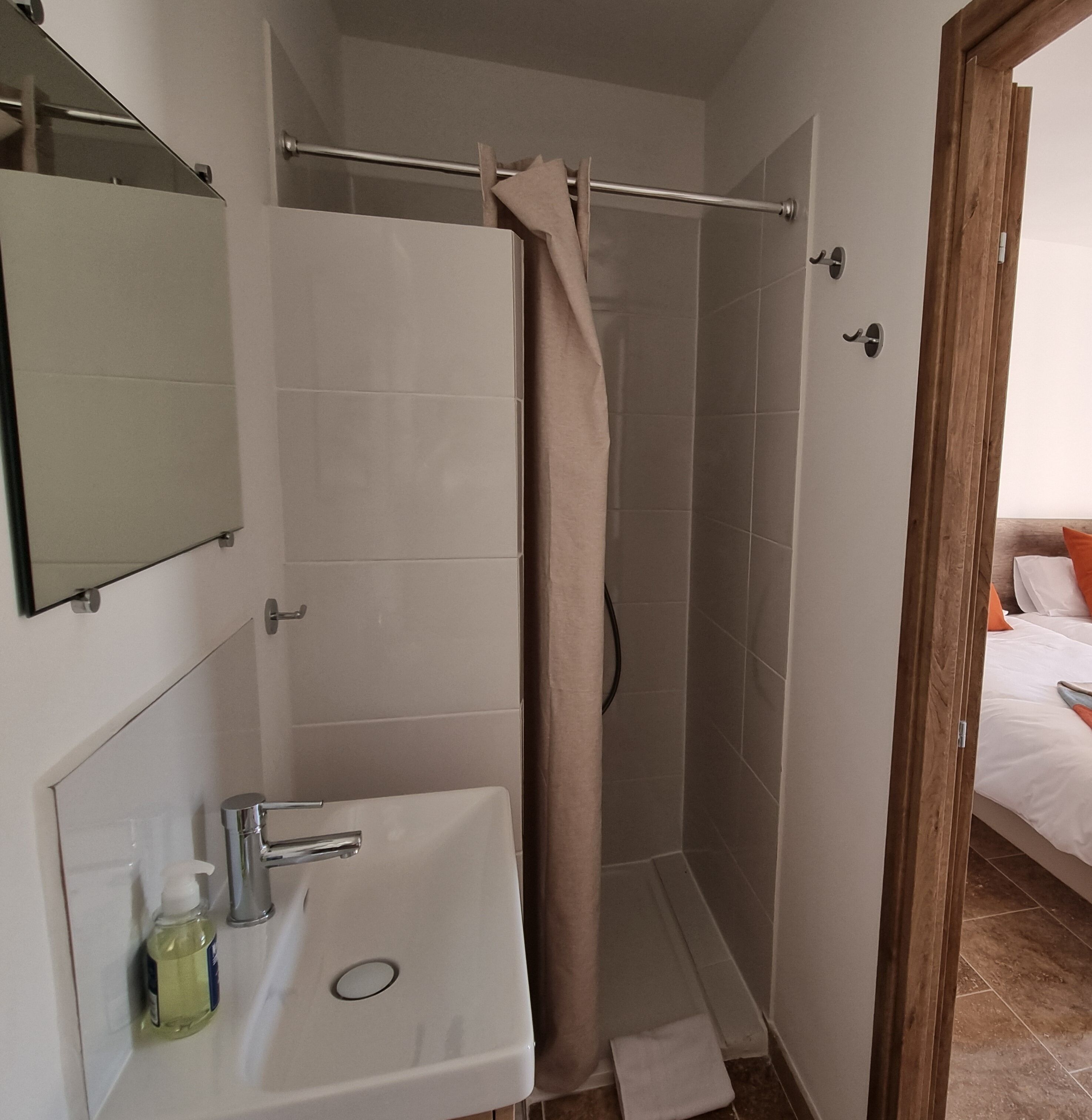 Une salle de bain avec une douche, un lavabo et un miroir.