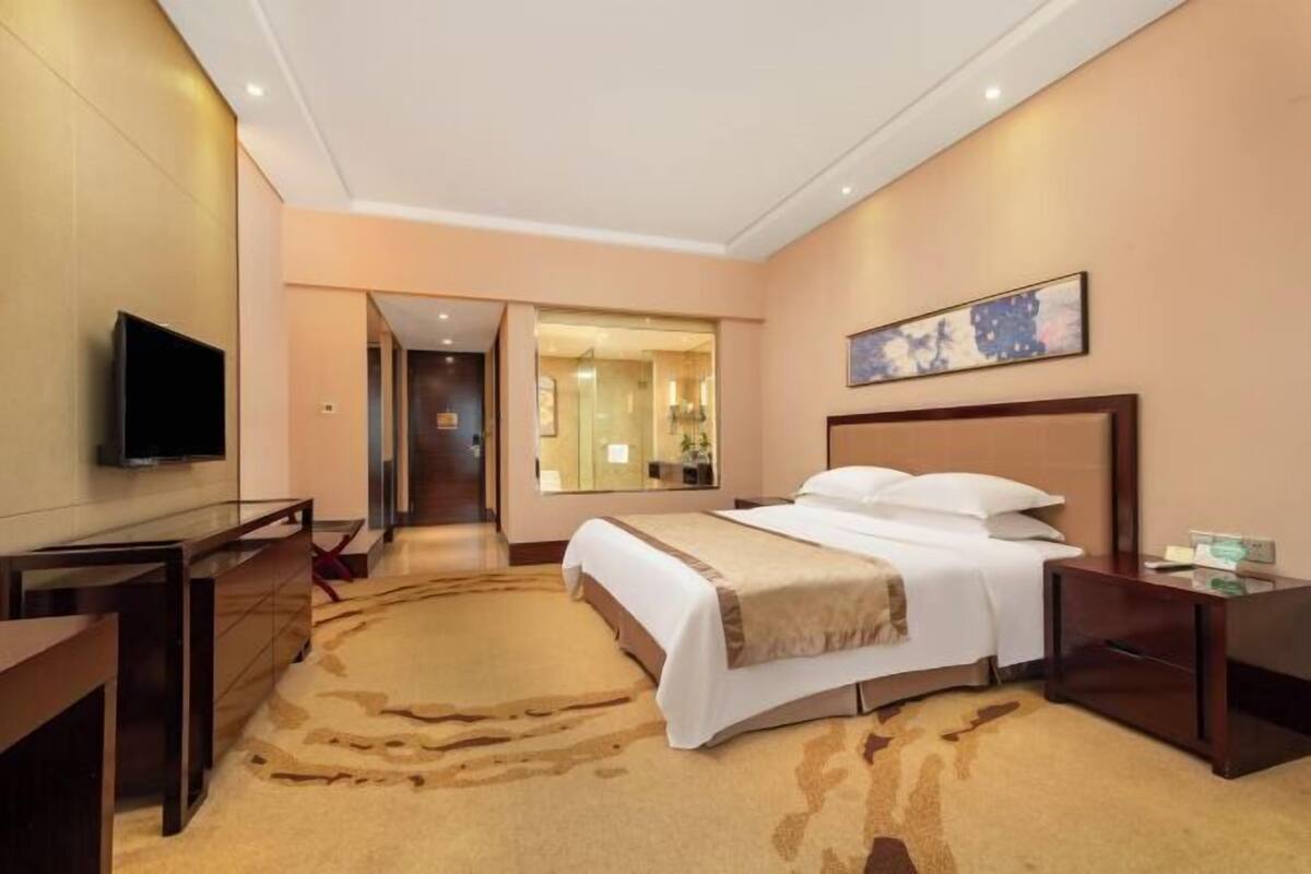 A hotel room with a bed, bedside tables, a TV, and a large rug.
