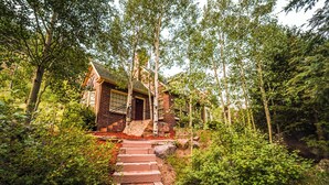 A wooden staircase leading to a brick building surrounded by dense greenery.