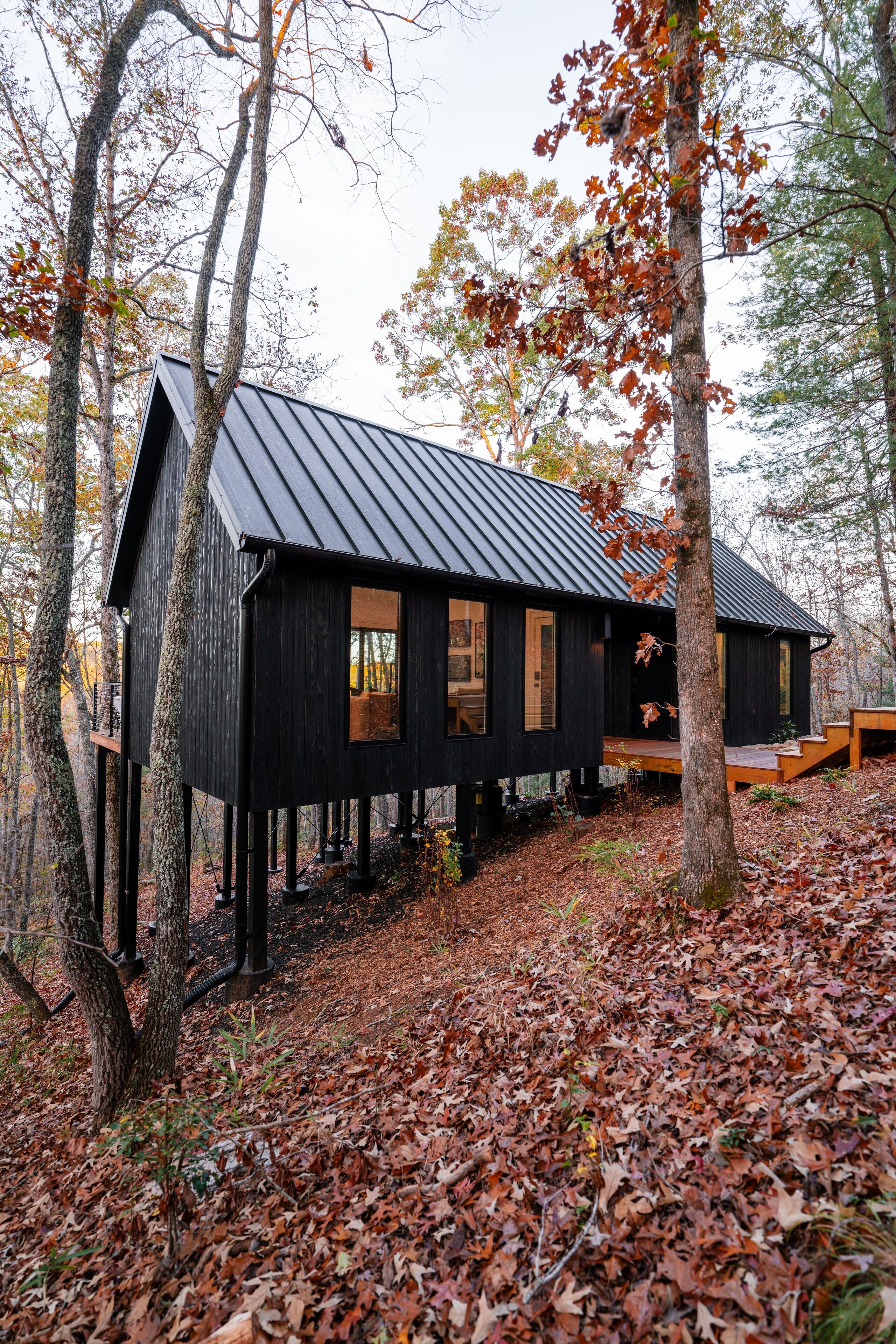 Une cabane en bois noir, surmontée d’un toit en métal, qui repose sur des piliers et est entourée d’arbres et de feuilles mortes.