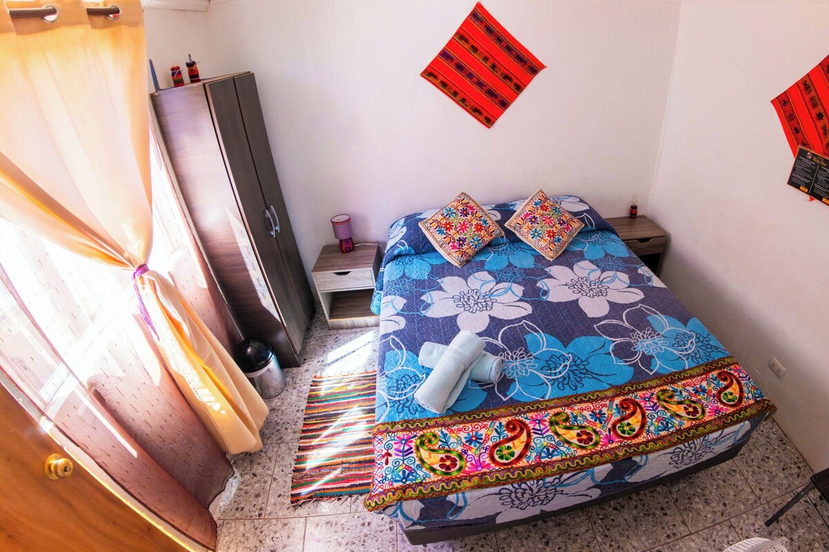 Un dormitorio con cama, almohadas, mesita de noche, lámpara, armario y una pequeña alfombra.