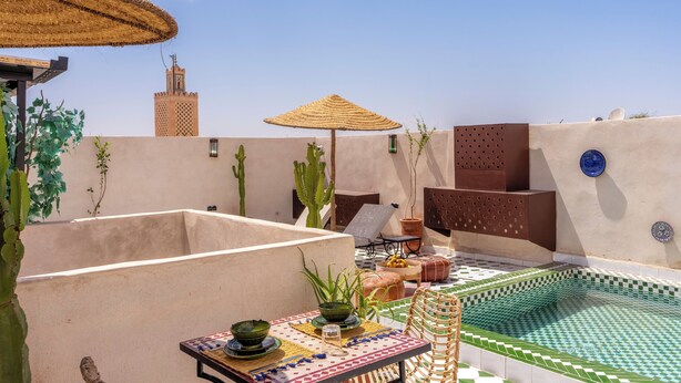 Terraço no telhado com piscina, espreguiçadeiras, mesa com objetos decorativos e uma planta de cacto.