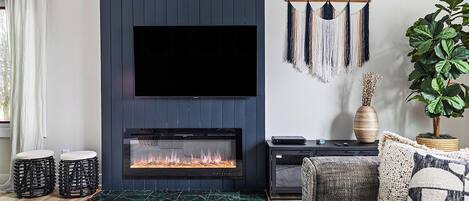 TV, fireplace, DVD player, books