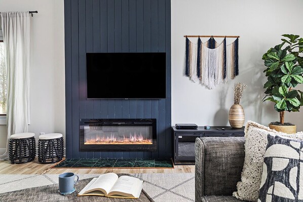 Televisie, een open haard, een dvd-speler en boeken