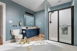 Douche, baignoire à remous, séchoir à cheveux, serviettes fournies