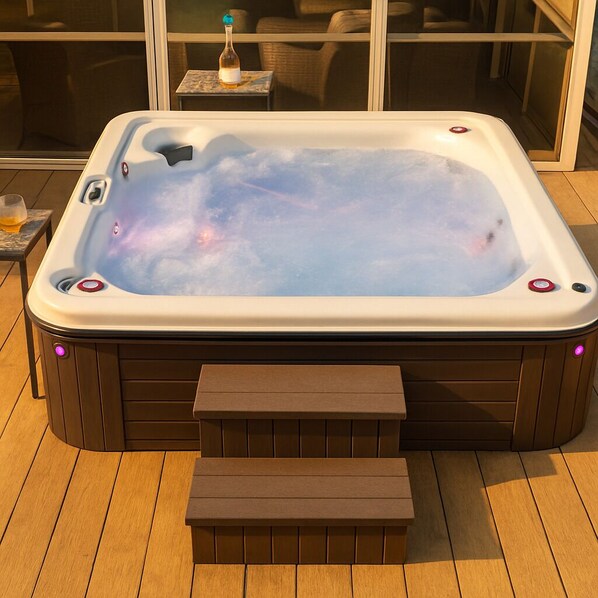 A hot tub with a wooden deck, a small table with a bottle, and a bench.