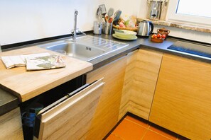 Fridge, microwave, dishwasher, coffee/tea maker