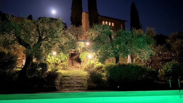 A nighttime view of a building with a pool, surrounded by trees and illuminated by street lamps.