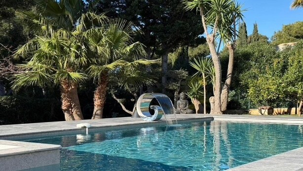 En swimmingpool med et moderne vandelement, omgivet af palmer og anden vegetation.
