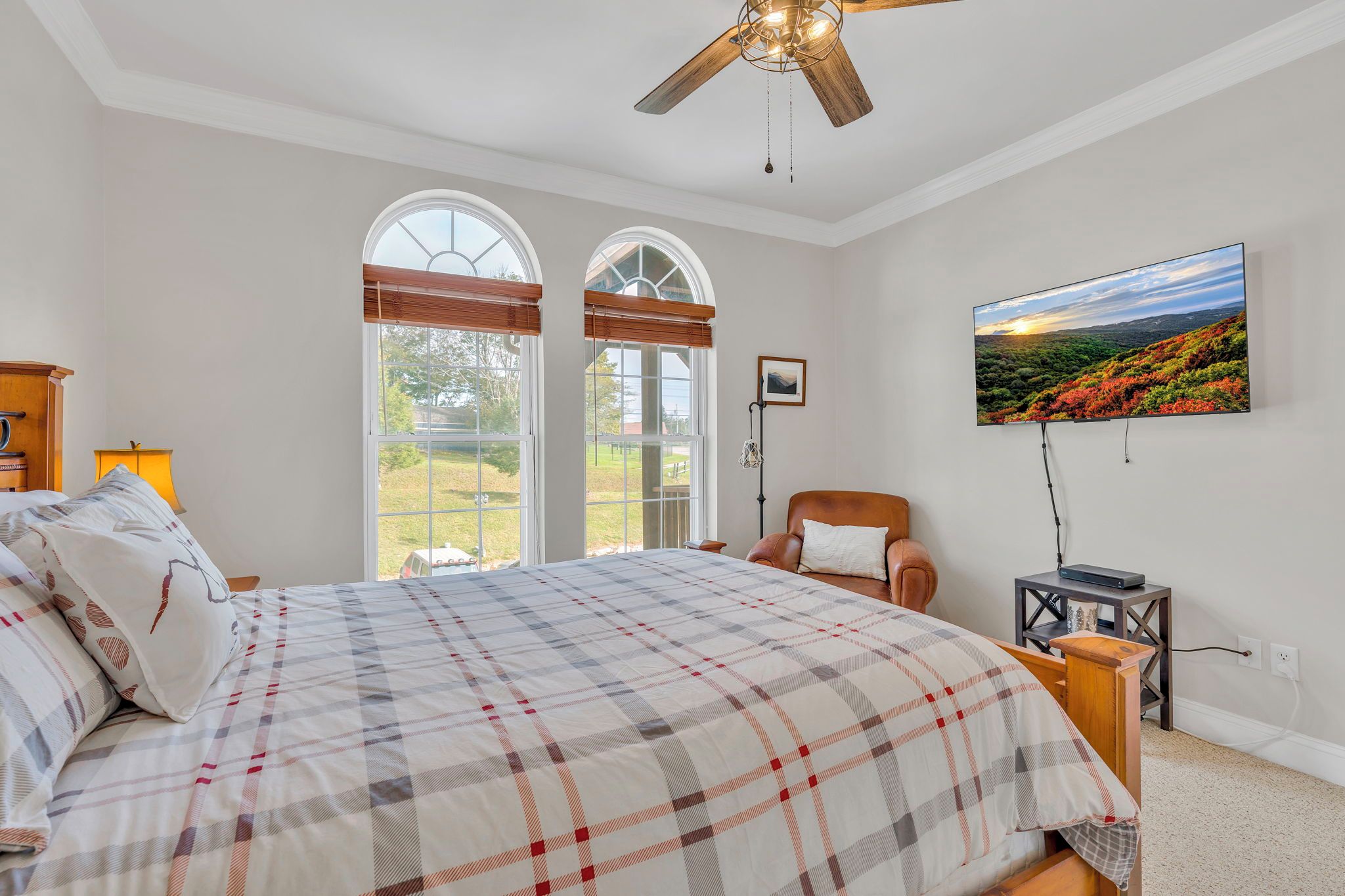 A bedroom with a large bed, a ceiling fan, a TV, and a window with a view of a garden.