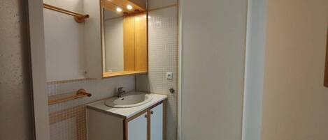 Un baño con lavabo, espejo y ducha.