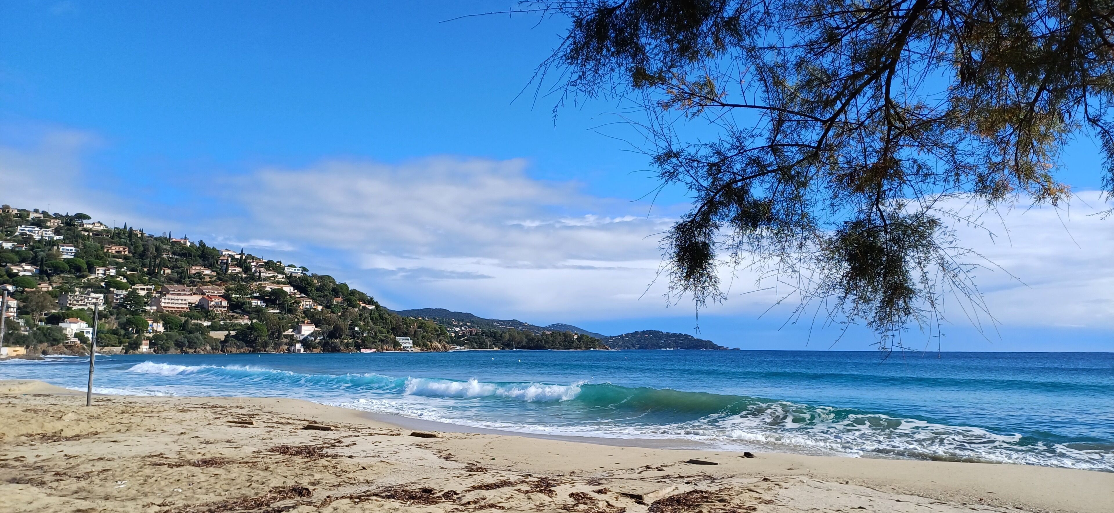A beach with waves, a clear sky, and a hillside with buildings.