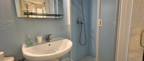 A bathroom with a sink, mirror, shower, and toilet.