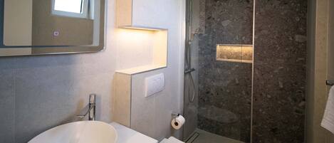 A modern bathroom with a large oval sink, a toilet, a glass shower enclosure, and a mirror with a light above it.
