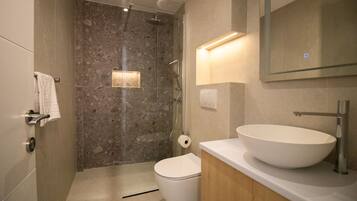 A modern bathroom with a large sink, a toilet, and a shower area.
