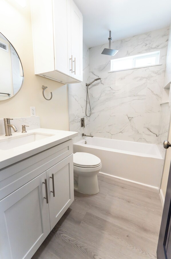 Hair dryer, towels, soap, toilet paper