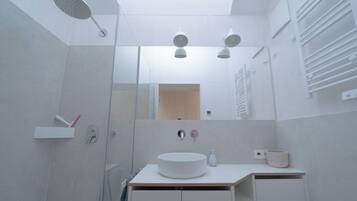 Shower, towels, soap, toilet paper