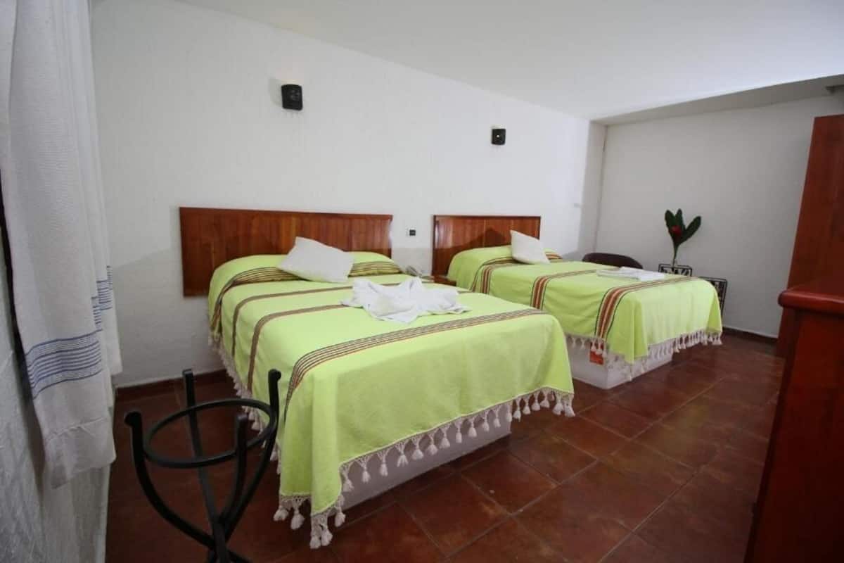 A hotel room with two beds, each with a wooden headboard and green bedspreads. There is a chair and a small table with a plant.