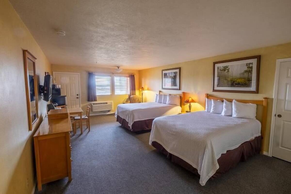 A hotel room with two beds, a desk, and a chair. There are two windows with curtains, a radiator, and a framed picture on the wall.