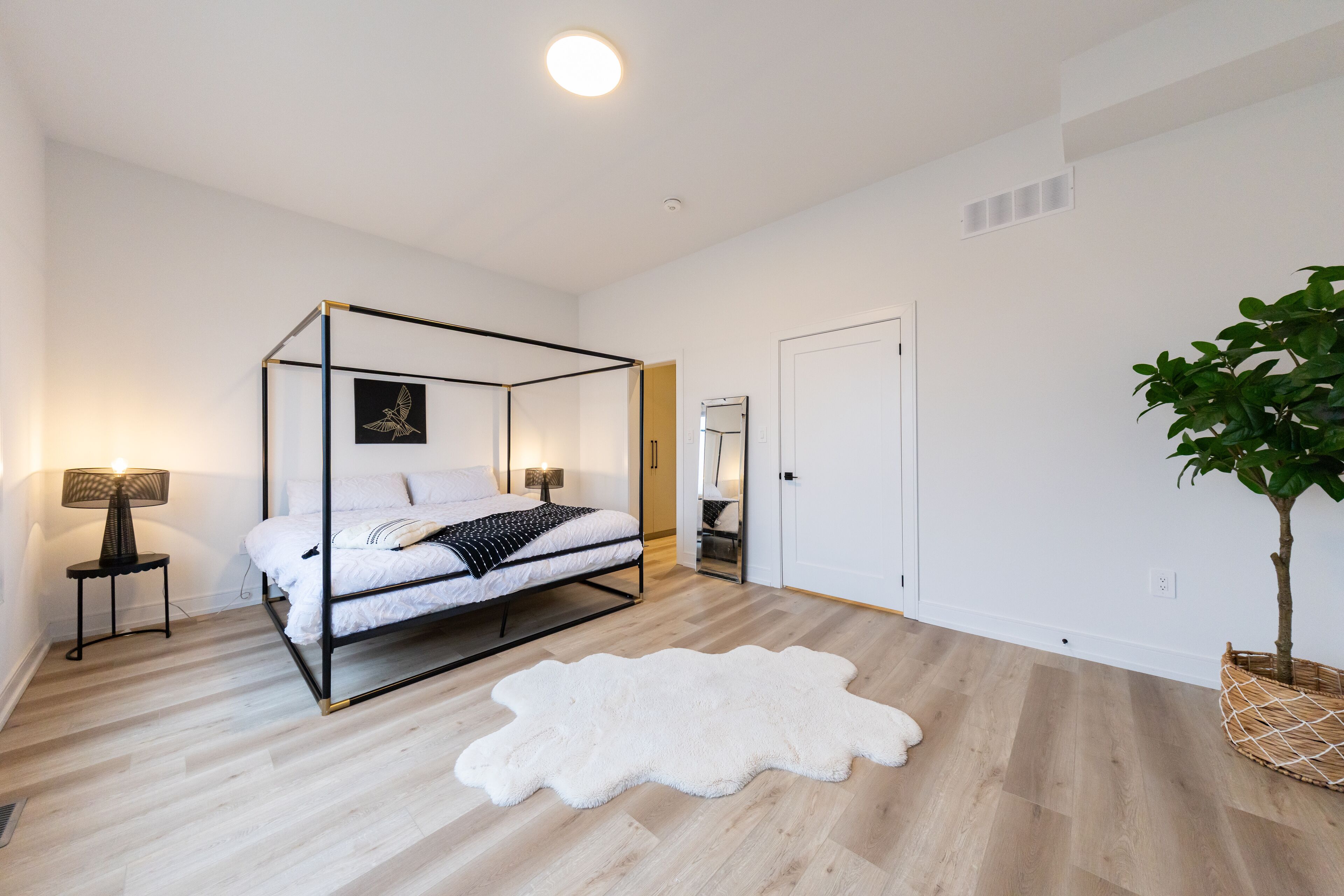 Un dormitorio con cama con dosel, alfombra mullida blanca, lámpara de noche y planta en maceta.