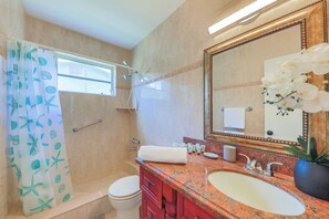 Hair dryer, towels, soap, shampoo